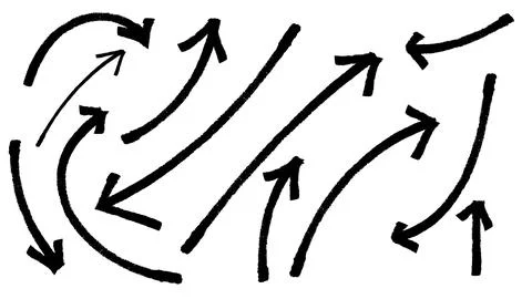 An illustration of multiple hand-drawn black arrows with a rough, brush str.. Stock Illustration