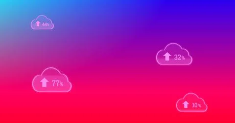 Illustration of multiple numbers with arrows and percentage signs in clouds over Illustrazione stock