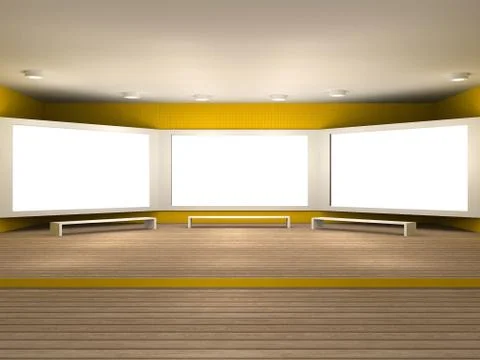Illustration of a museum room with 3 frames Stock Illustration