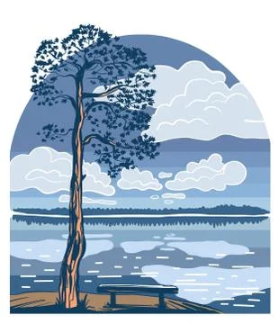 Illustration. Nature vector. A pine tree and a bench near a forest lake. Clouds Stock Illustration