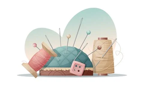 Illustration of a needle bed with pins, threads and a button on a white backg Stock Illustration