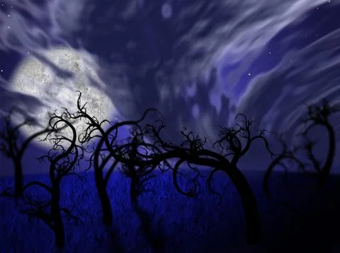 Illustration of night forest with full moon Illustrazione stock