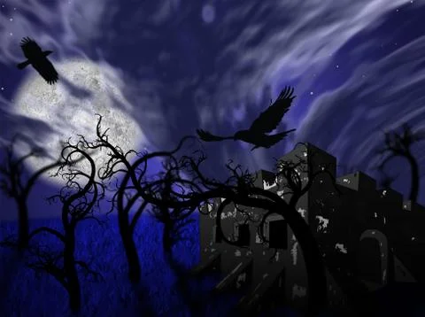 Illustration of night forest with full moon and castle 스톡 일러스트