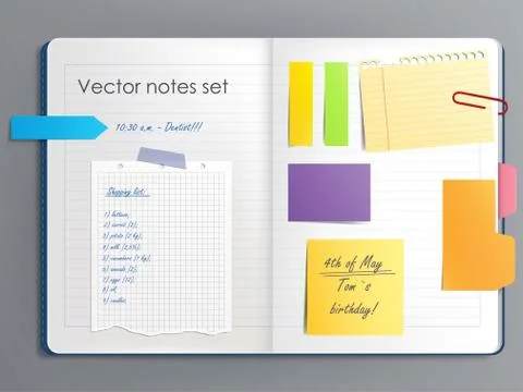 Illustration of a notebook page with various colored sticky paper notes Stock-Illustration