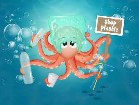 Illustration of octopus with plastic waste Stock Illustration