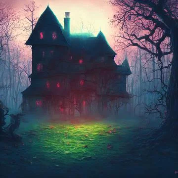 An Illustration of an old haunted house with light in its windows surrounded  Stock Illustration