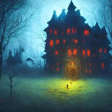 An Illustration of an old haunted house with light in its windows surrounded  Stock Illustration