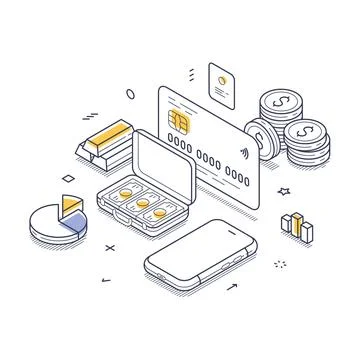 Illustration of online deposits with vector elements and isometric line art.. Stock Illustration