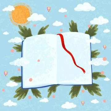 Illustration of open book on cloudy background Stock Illustration