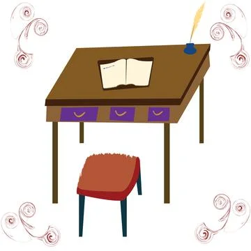 Illustration of open notebook on a table with a single stool Stock Illustration