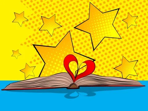 Illustration of Opened book with sheets in the form of heart - comic book sty Stock-Illustration