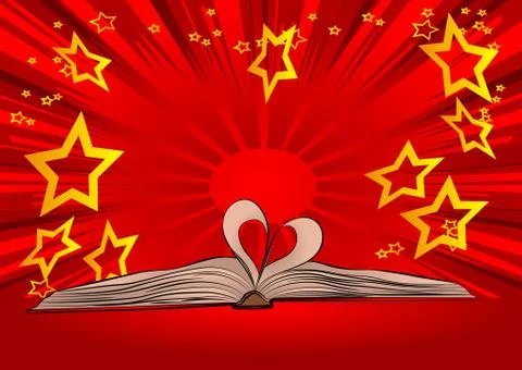 Illustration of Opened book with sheets in the form of heart - comic book sty Stock-Illustration