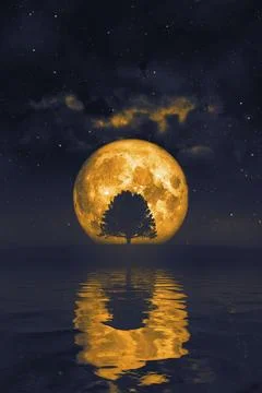 An illustration of an orange moon and a tree Ilustração Stock