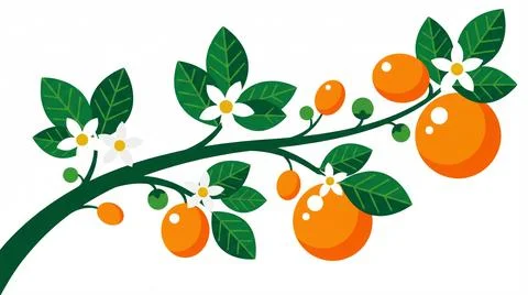 Illustration of an orange tree branch with oranges and flowers Stock Illustration