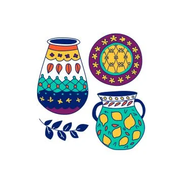 Illustration of ornamented jugs and dishes. Stock Illustration