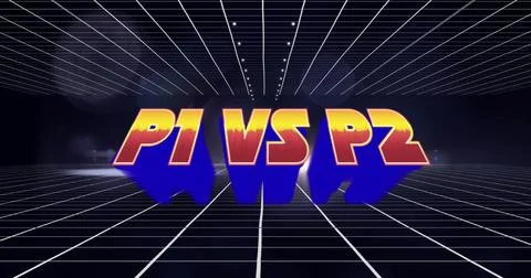 Illustration of p1 vs p2 text with grid pattern and lens flare against black Illustrazione stock