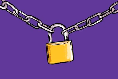 Illustration of padlock attached to chains against purple background Stock Illustration