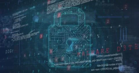 Illustration of padlock with circuit board pattern over programming language, イラスト素材