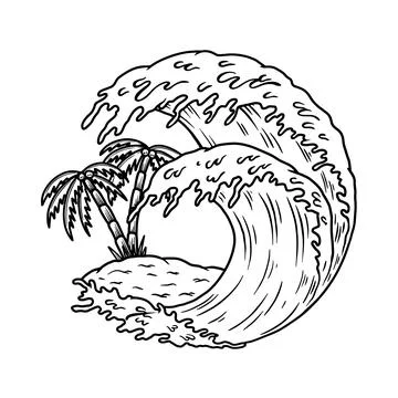 Illustration of palm and wave. Vector illustration Stock Illustration