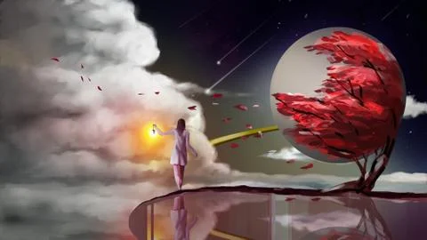 Illustration Passing the train before the clouds Digital Painting Stock Illustration