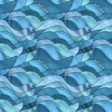 Illustration pattern with blue waves in stained glass style 스톡 일러스트