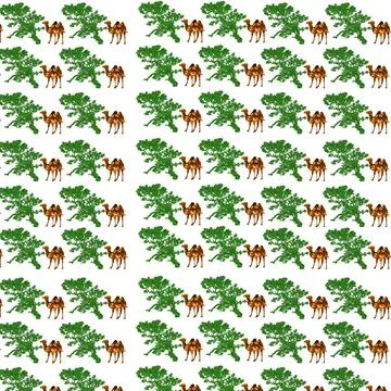 An illustration of a pattern of camel outlines with grass isolated on a white Illustrazione stock