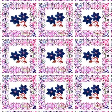 An illustration of a pattern of flowers in ornamental frames isolated on a wh Stock Illustration