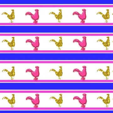 An illustration of a pattern of rooster shapes with blue and pink stripes iso 스톡 일러스트