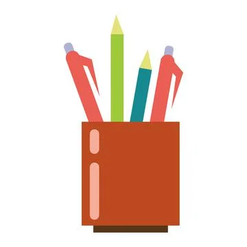 Illustration of pencil case, pens on the table. Stock Illustration