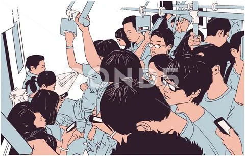 Illustration of people using public transport, train, subway, metro Stock Illustration