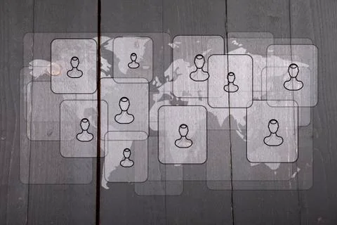 Illustration of people on white world map on dark black wooden background Illustrazione stock