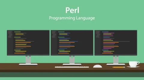 Illustration of Perl programming language code displayed on three monitor in a Stock Illustration