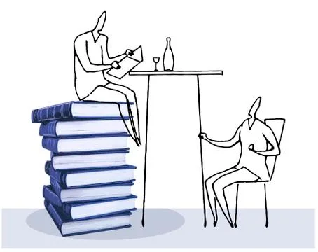 Illustration, Person sitting on stack of books, second person sitting on chair Illustrazione stock