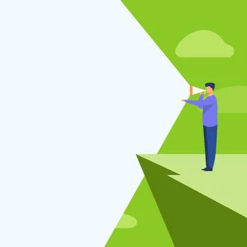 Illustration Of A Person Standing In Cliff Using Megaphone In One Hand Making Illustrazione stock