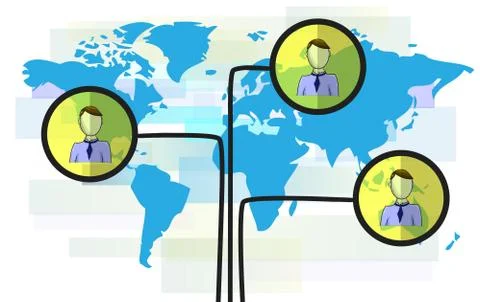 Illustration of persons on blue world map isolated on white background Stock Illustration