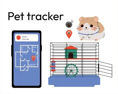 Illustration of a pet tracker system with a hamster wearing a smart collar, open Stock Illustration