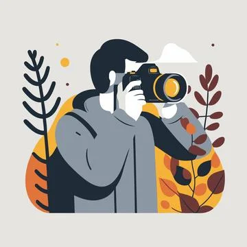 Illustration of photographer hold camera with floral background flat color st Stock Illustration