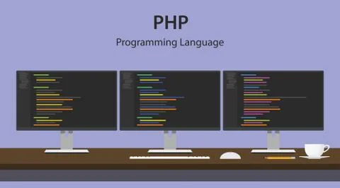 Illustration of PHP programming language code displayed on three monitor in a Stock Illustration