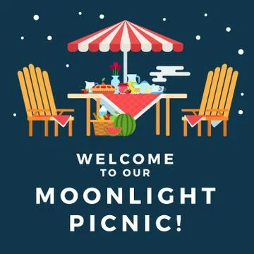 Illustration of a picnic under the moonlight vector flat icon isolated Stock Illustration