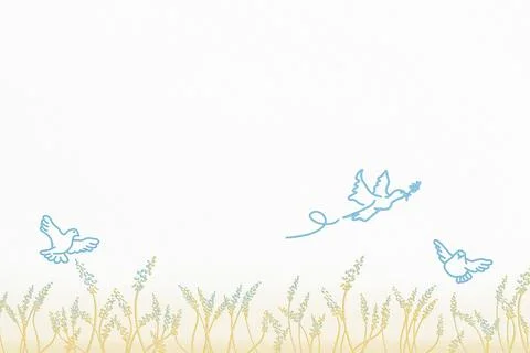 Illustration of pigeons hovering over wheat field on white background Stock-Illustration