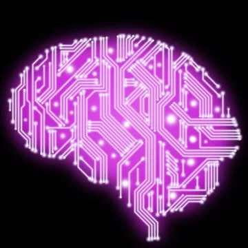 Illustration of pink human brain in form of circuit board on black background Stock Illustration