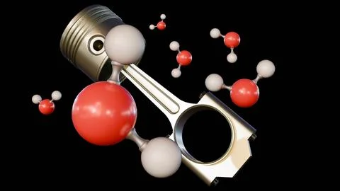Illustration of a piston engine and connecting rod with molecular of H2O Stock Illustration