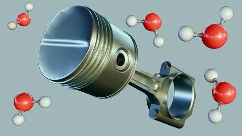 Illustration of a piston engine and connecting rod with molecular of H2O Stock Illustration