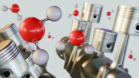 Illustration of a piston engine and connecting rod with molecular of H2O Stock Illustration
