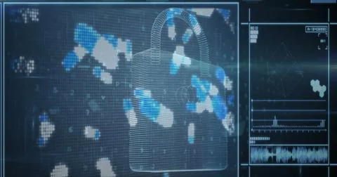 Illustration of pixelated digital capsules with padlock and sound waves on Ilustración de archivo