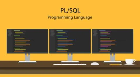 Illustration of PL SQL programming language code displayed on three monitor in a Stock Illustration