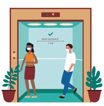 Illustration portraying how to use an elevator during a pandemic 스톡 일러스트