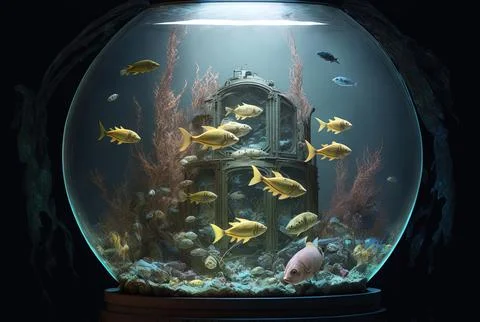 Illustration of a post apocalyptic vault aquarium with mutated fish. Generative Stock Illustration