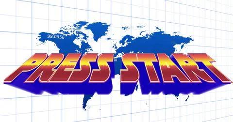 Illustration of press start text over digital map with numbers against white Ilustração Stock