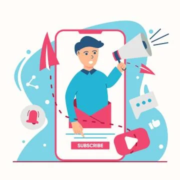 Illustration promotion with boy holding megaphone in flat design Stock Illustration
